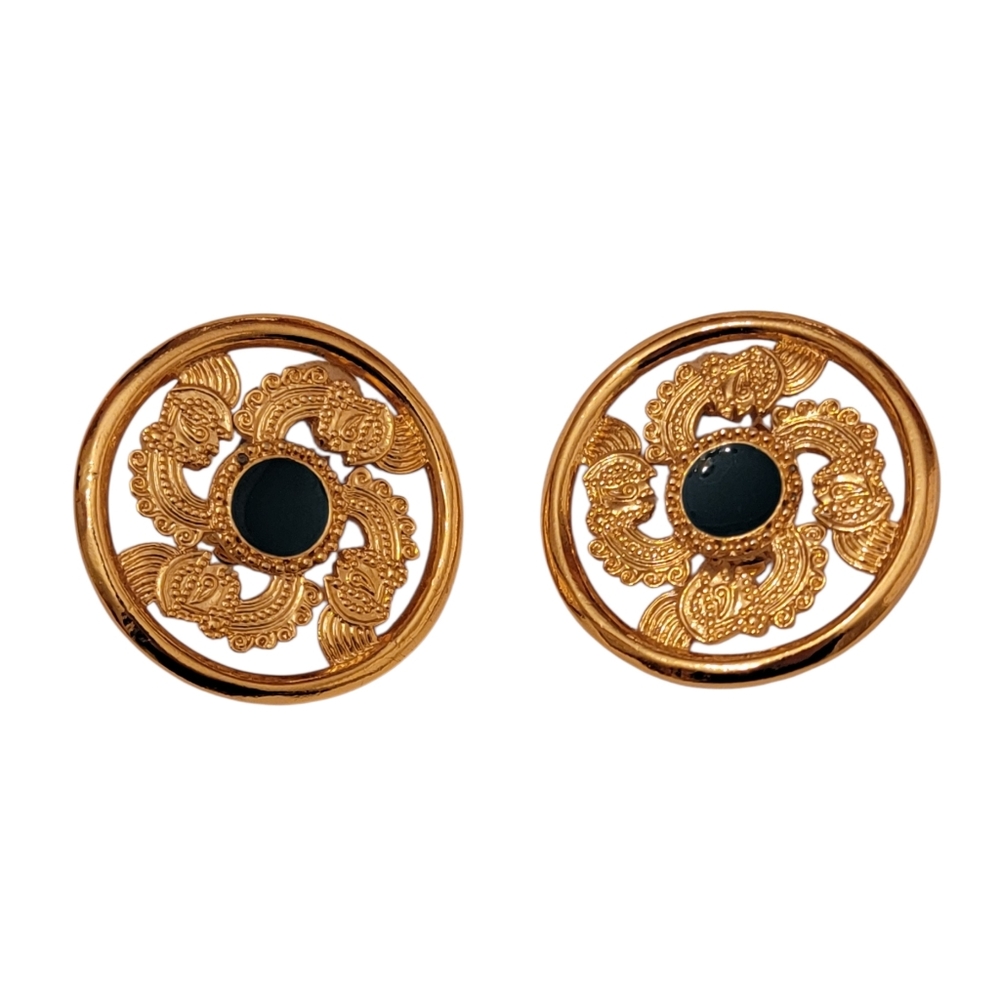 VTG CCORI Designer Etruscan Style Peruvian Dark Blue & Goldtone Clip-On Earrings